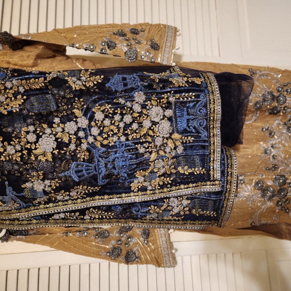 Embroidered Black and Gold Kameez, All Over Embroidery Net Dupatta